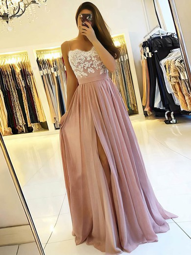 A-line V-neck Chiffon Floor-length Appliques Lace Prom Dresses #LDB020106471