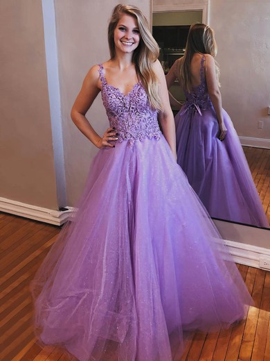 Tulle V-neck Princess Floor-length Beading Prom Dresses #LDB020106658