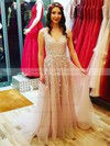Tulle V-neck A-line Sweep Train Beading Prom Dresses #LDB020106659