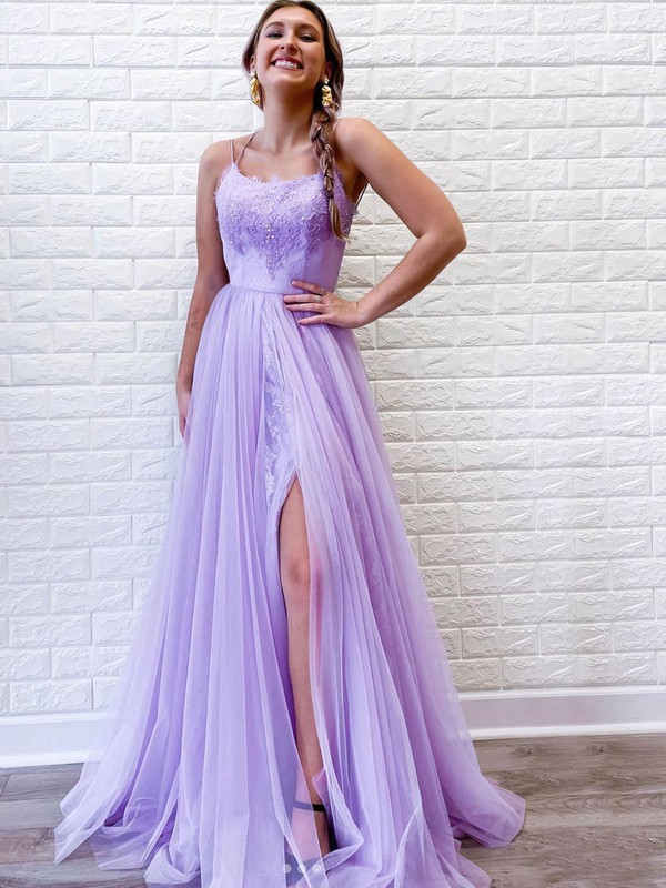 Tulle Square Neckline A-line Sweep Train Beading Prom Dresses #LDB020106682