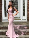 Satin Off-the-shoulder Trumpet/Mermaid Sweep Train Appliques Lace Prom Dresses #LDB020106687