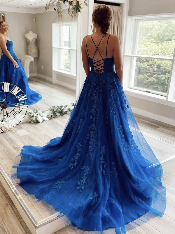 Tulle Square Neckline Princess Sweep Train Appliques Lace Prom Dresses #LDB020106690