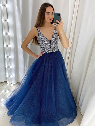 Tulle Glitter V-neck A-line Floor-length Beading Prom Dresses #LDB020106748