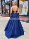 Tulle V-neck A-line Sweep Train Appliques Lace Prom Dresses #LDB020106787