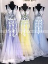Tulle V-neck Trumpet/Mermaid Floor-length Appliques Lace Prom Dresses #LDB020106798