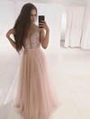 Tulle V-neck A-line Sweep Train Beading Prom Dresses #LDB020106817
