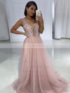 Tulle V-neck A-line Sweep Train Beading Prom Dresses #LDB020106817