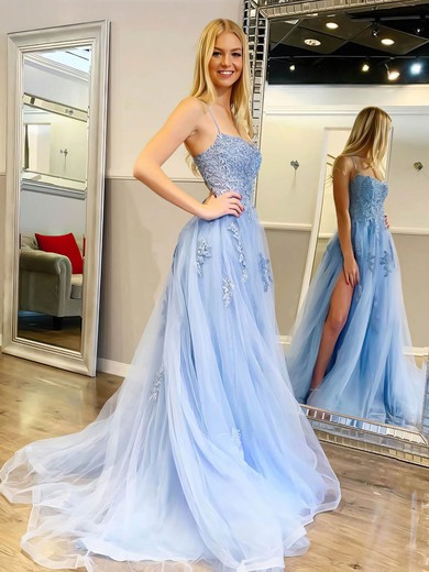 Tulle Square Neckline A-line Sweep Train Appliques Lace Prom Dresses #LDB020106840