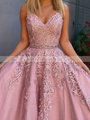 Tulle V-neck Ball Gown Sweep Train Beading Prom Dresses #LDB020106841