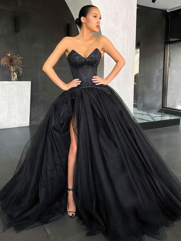 Tulle V-neck Ball Gown Sweep Train Beading Prom Dresses #LDB020106876