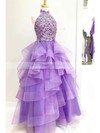Organza High Neck Ball Gown Floor-length Appliques Lace Prom Dresses #LDB020106882