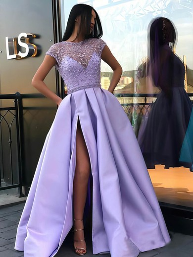 Satin Scoop Neck Ball Gown Sweep Train Beading Prom Dresses #LDB020106885