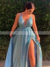 Glitter V-neck A-line Floor-length Sashes / Ribbons Prom Dresses #LDB020106642