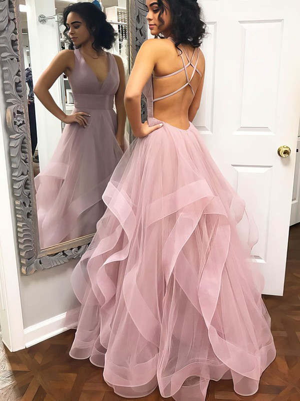 Tulle V-neck Princess Floor-length Cascading Ruffles Prom Dresses #LDB020106712