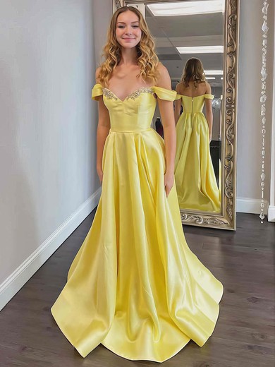 Satin Off-the-shoulder A-line Sweep Train Beading Prom Dresses #LDB020106720