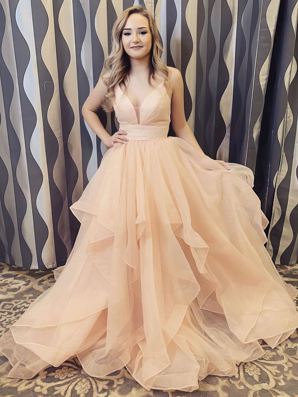 Glitter V-neck Princess Sweep Train Cascading Ruffles Prom Dresses #LDB020106734