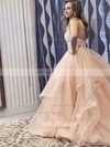 Glitter V-neck Princess Sweep Train Cascading Ruffles Prom Dresses #LDB020106734