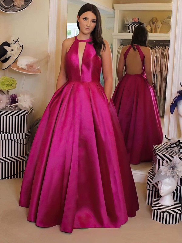 Satin V-neck Ball Gown Floor-length Pockets Prom Dresses #LDB020106815
