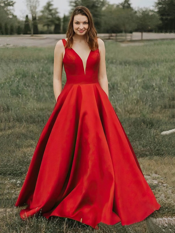 Satin V-neck Ball Gown Court Train Pockets Prom Dresses #LDB020106834