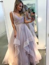 Tulle V-neck Princess Floor-length Cascading Ruffles Prom Dresses #LDB020106863