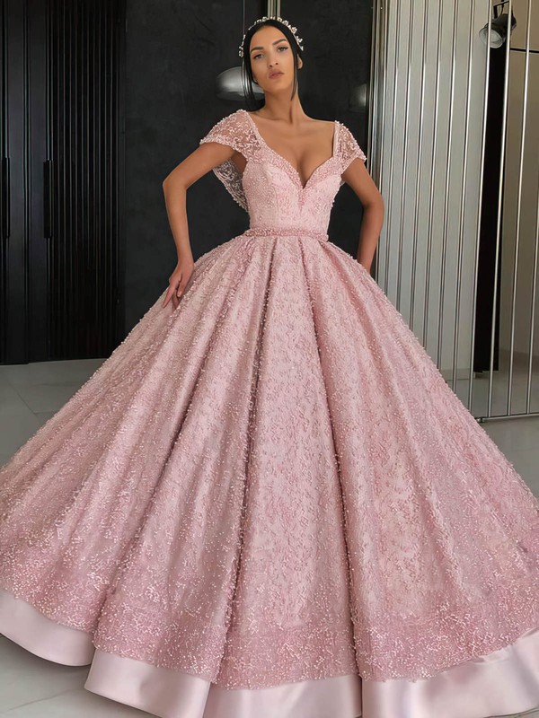 Satin Tulle V-neck Ball Gown Floor-length Beading Prom Dresses #LDB020106932