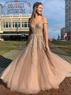 Tulle Off-the-shoulder A-line Sweep Train Beading Prom Dresses #LDB020106936