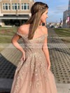 Tulle Off-the-shoulder A-line Sweep Train Beading Prom Dresses #LDB020106936