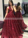 Sequined V-neck Ball Gown Sweep Train Sashes / Ribbons Prom Dresses #LDB020106940