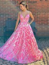 Tulle V-neck A-line Sweep Train Beading Prom Dresses #LDB020106942