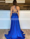 Silk-like Satin V-neck A-line Sweep Train Split Front Prom Dresses #LDB020106943