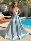 Satin Off-the-shoulder A-line Sweep Train Sashes / Ribbons Prom Dresses #LDB020106945