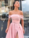 Satin Off-the-shoulder A-line Sweep Train Sashes / Ribbons Prom Dresses #LDB020106951