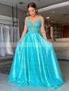 Tulle Silk-like Satin V-neck A-line Sweep Train Appliques Lace Prom Dresses #LDB020106954