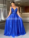 Tulle Silk-like Satin V-neck A-line Sweep Train Appliques Lace Prom Dresses #LDB020106954