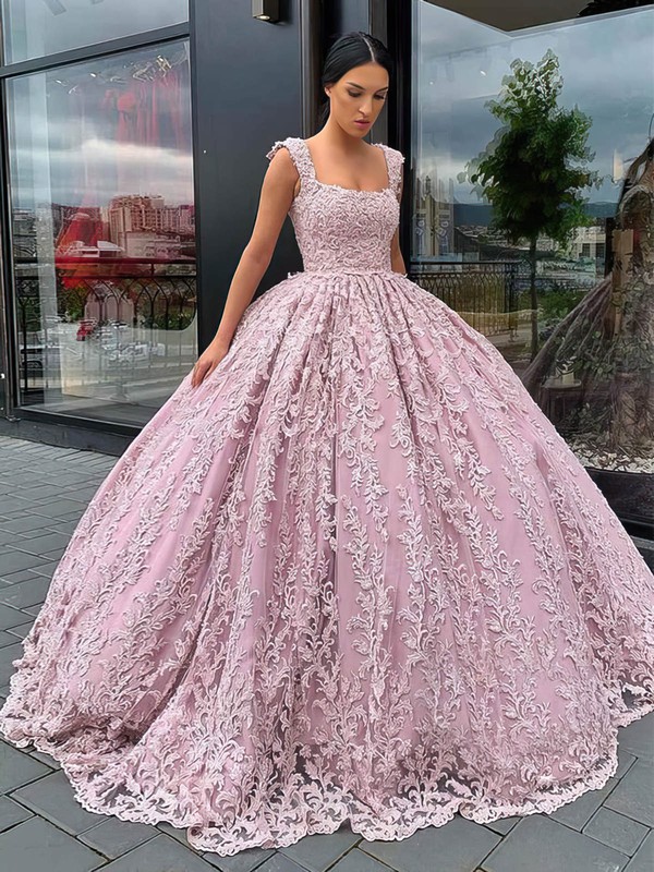 Lace Square Neckline Ball Gown Sweep Train Prom Dresses #LDB020106967
