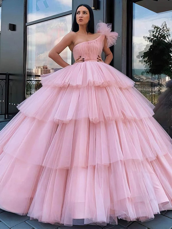Tulle One Shoulder Ball Gown Floor-length Tiered Prom Dresses #LDB020106968