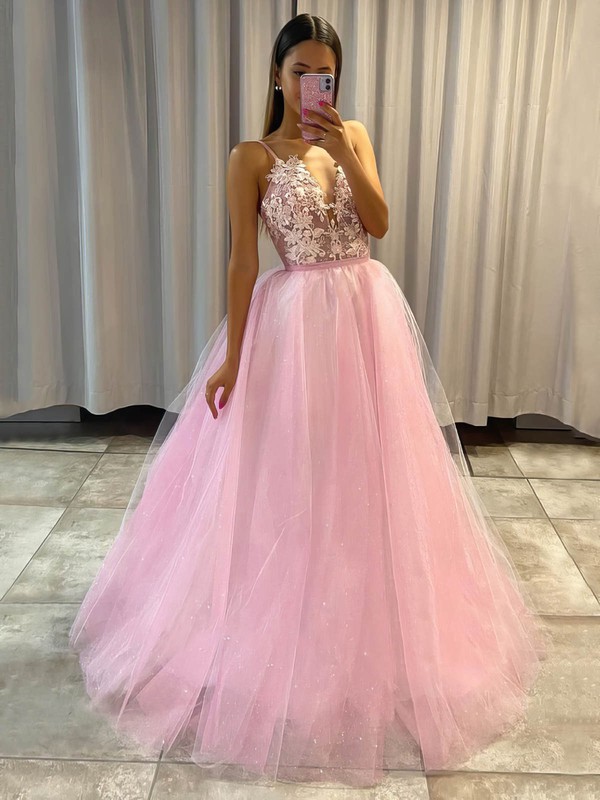 Glitter V-neck A-line Detachable Appliques Lace Prom Dresses #LDB020106969