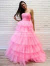 Tulle Strapless Princess Sweep Train Tiered Prom Dresses #LDB020106970