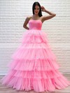 Tulle Strapless Princess Sweep Train Tiered Prom Dresses #LDB020106970