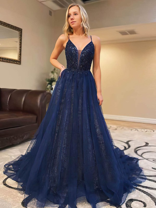Lace Tulle V-neck A-line Court Train Beading Prom Dresses #LDB020106980