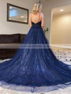 Lace Tulle V-neck A-line Court Train Beading Prom Dresses #LDB020106980