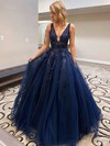 Tulle V-neck Ball Gown Sweep Train Appliques Lace Prom Dresses #LDB020106981