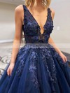 Tulle V-neck Ball Gown Sweep Train Appliques Lace Prom Dresses #LDB020106981