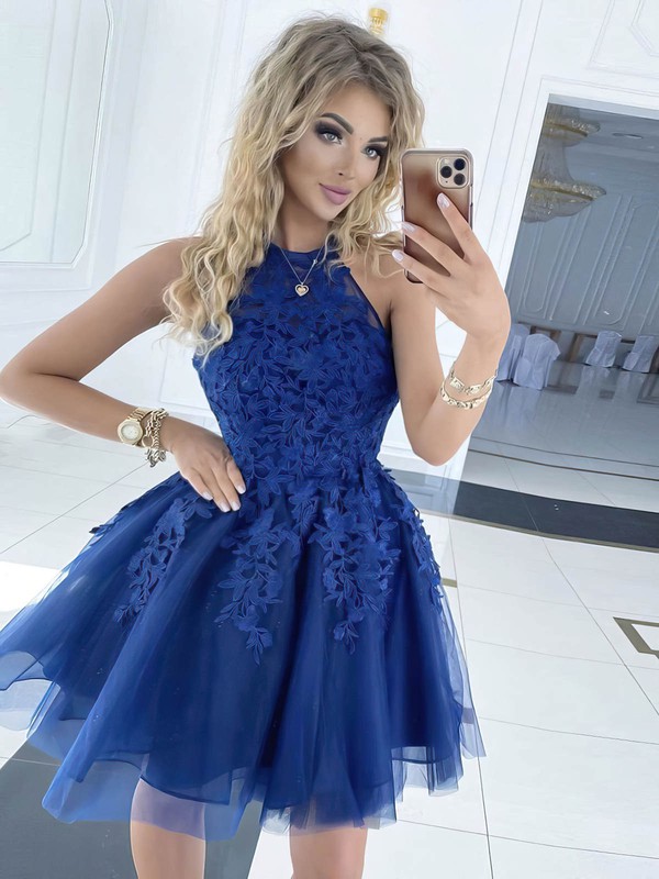 Tulle Halter A-line Short/Mini Appliques Lace Prom Dresses #LDB020106984