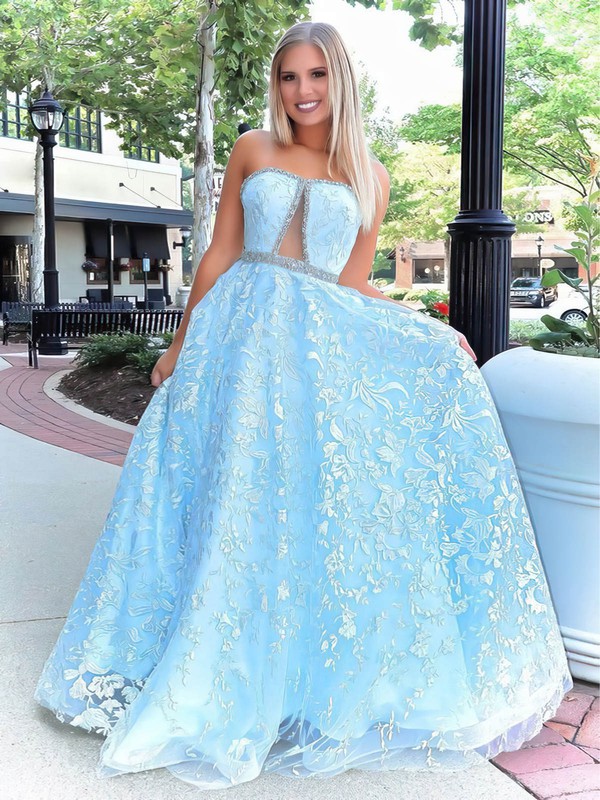 Tulle Strapless Ball Gown Sweep Train Beading Prom Dresses #LDB020106986
