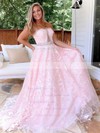 Tulle Strapless Ball Gown Sweep Train Beading Prom Dresses #LDB020106986