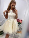 Tulle Halter A-line Short/Mini Appliques Lace Prom Dresses #LDB020106991