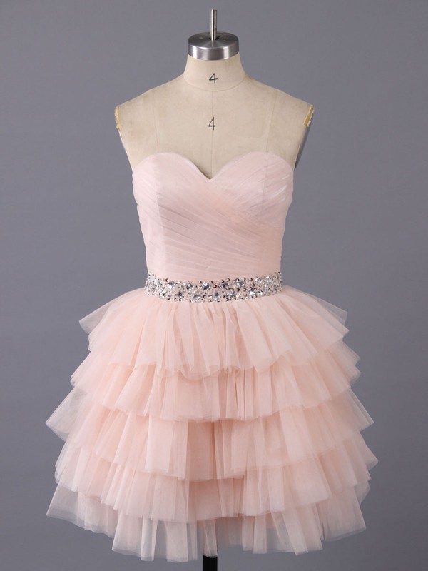 Short/Mini Tiered Tulle Beading Lace-up Sweetheart Pink Prom Dresses #LDB02011963