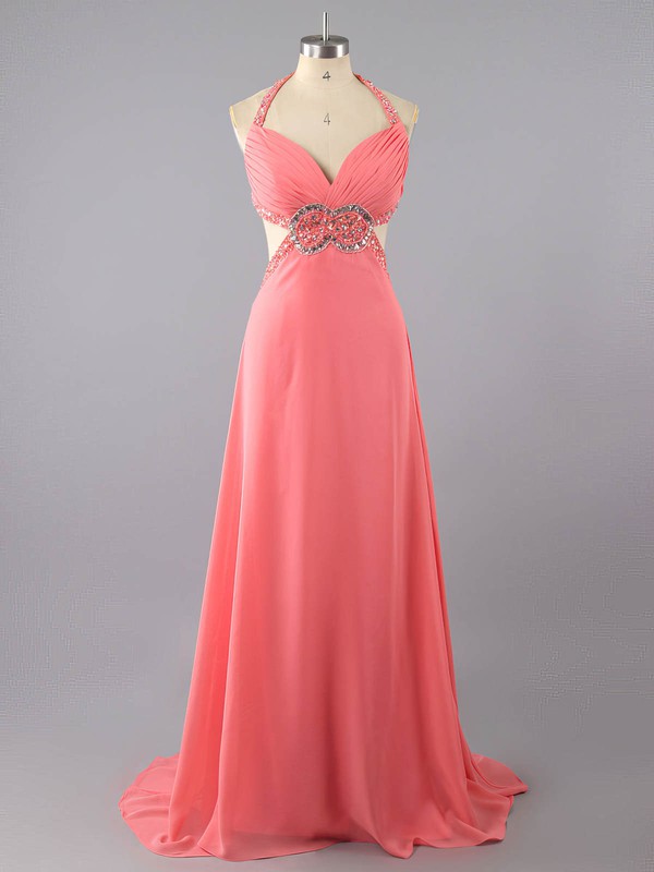 Fabulous V-neck Watermelon Chiffon Crystal Detailing Backless Empire Prom Dresses #LDB02016074