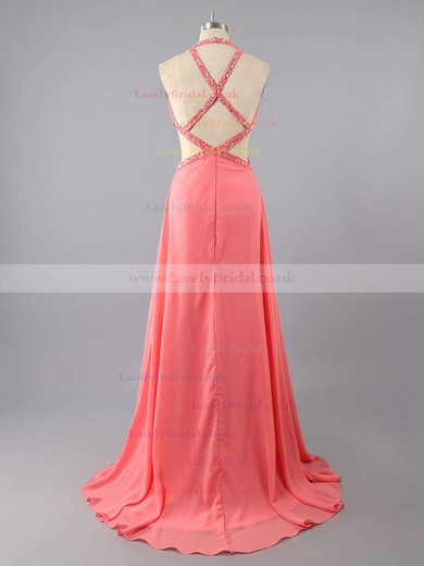 Fabulous V-neck Watermelon Chiffon Crystal Detailing Backless Empire Prom Dresses #LDB02016074